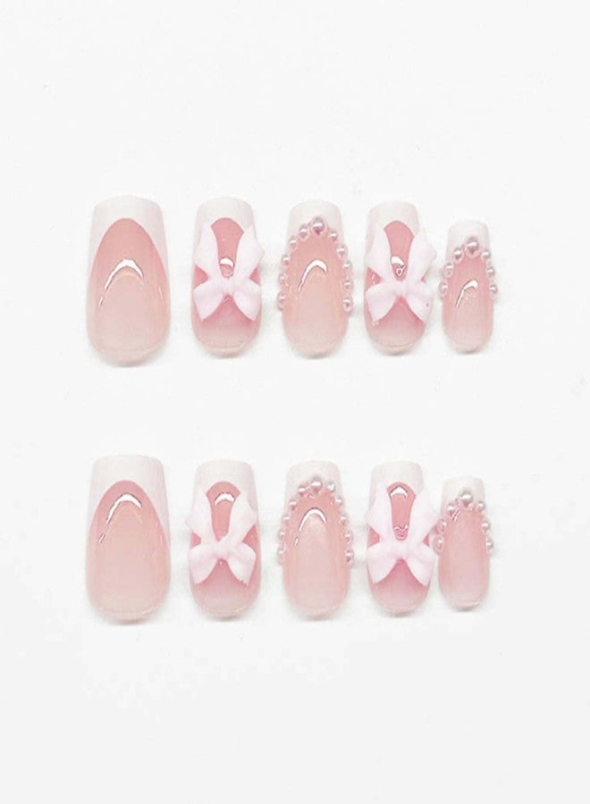 YoYoee Press on Nails -Short French Fake Nails Square False Nails Pearl Bow Nails Tips for Women and Girls 24Pcs - Image 3